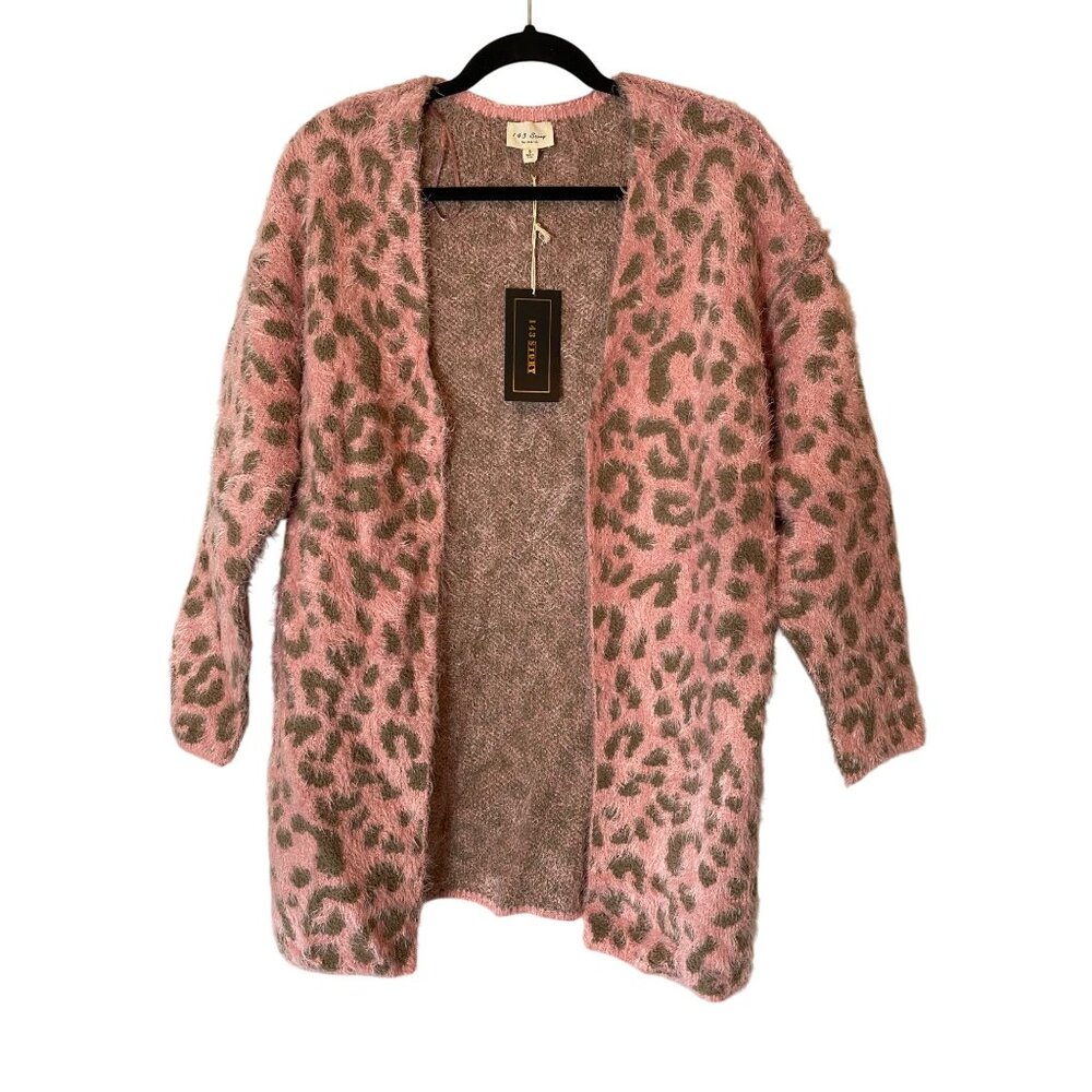 NWT 143 Story by Line up Pink & Cream Leopard Print Open-Front Cardigan Small